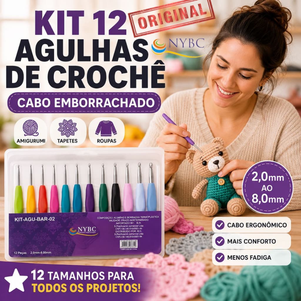 Kit 12 Agulhas de Crochê Cabo Emborrachado Coloridas 2mm a 8mm Para Amigurumi e Crochê Artesanal
