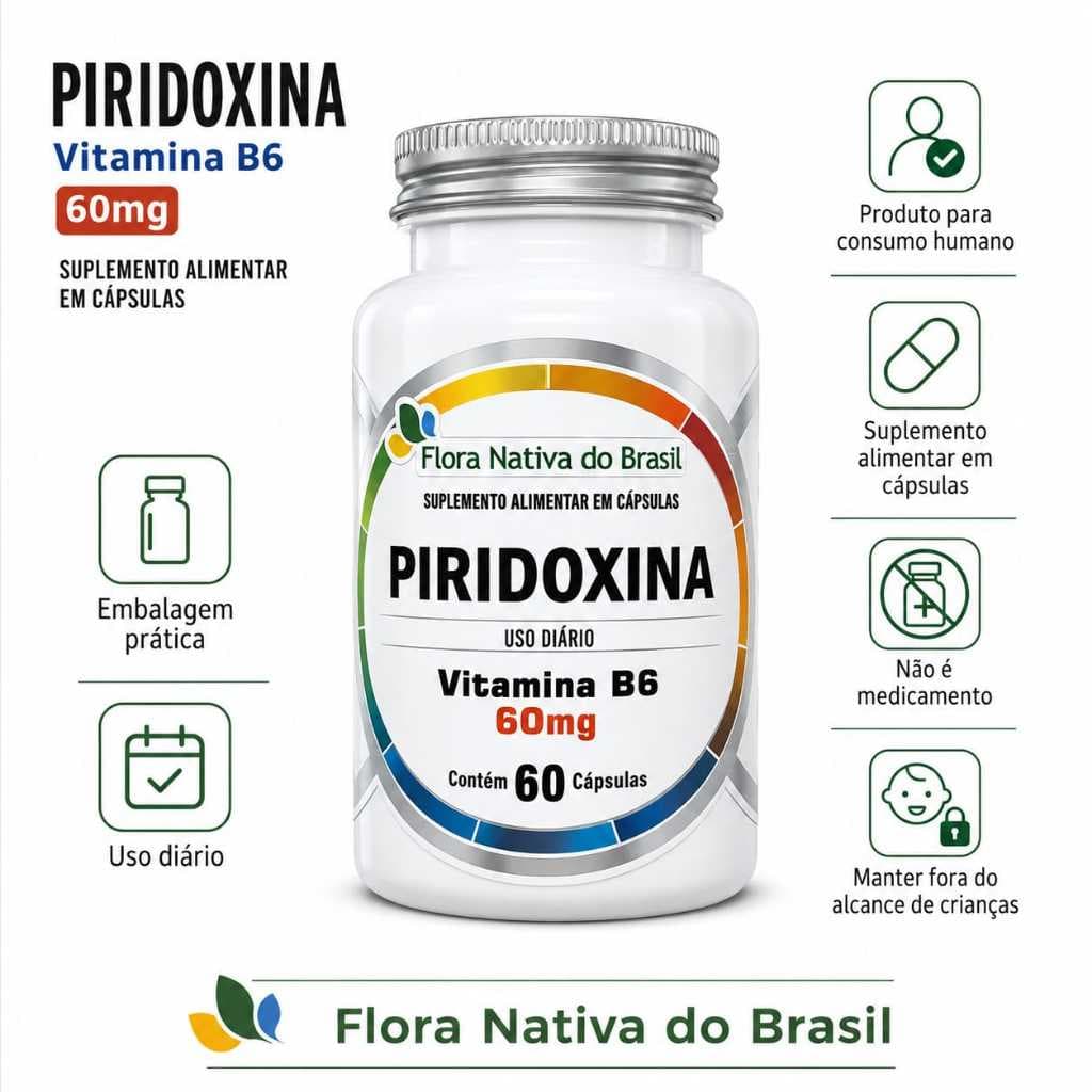 Piridoxina Vitamina B6 60mg Flora Nativa 60 Cápsulas Suplemento Alimentar