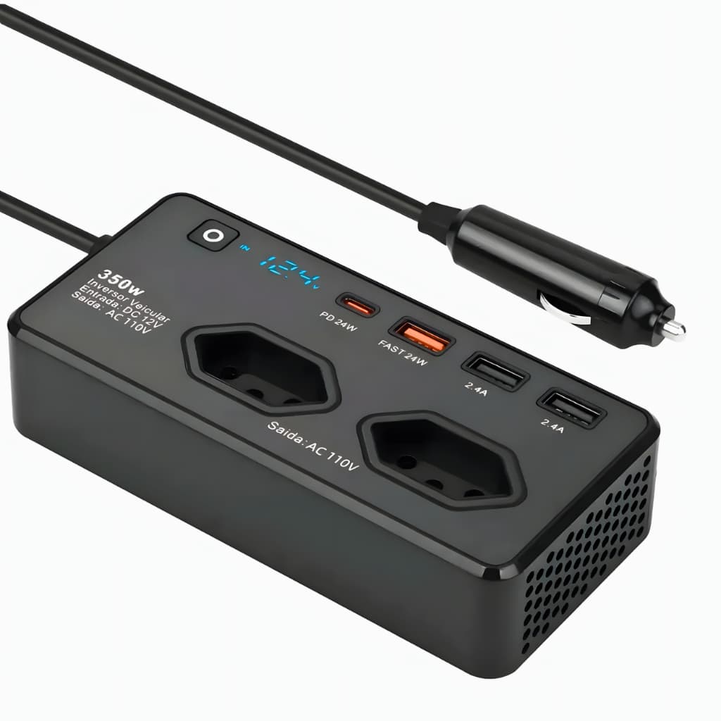 Inversor Automotivo 350W 12V Para 110V USB-C PD QC3.0 Carregador Veicular