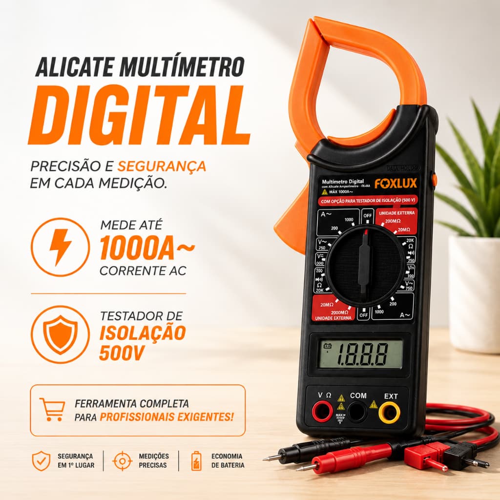 Alicate Ampímetro Digital Multímetro Portátil Ampímetro 1000a Multímetro Teste de Tensão Foxlux