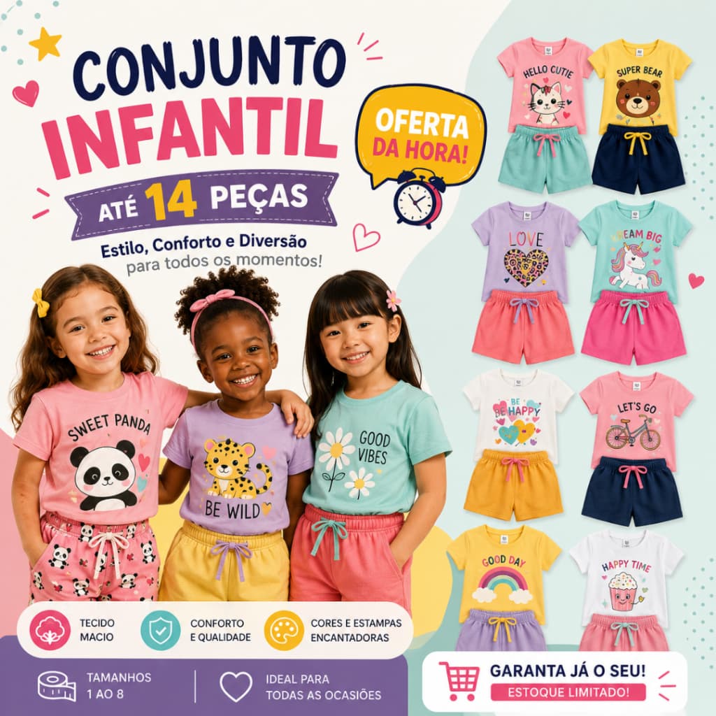 Kit até 14 peças Conjunto Infantil Menina Verão Roupa Confortável Bebê Moda Criança