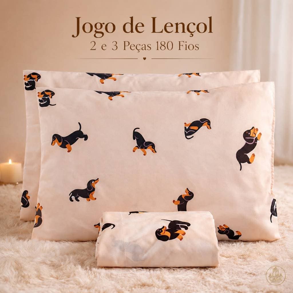 Jogo de Lençol 2 e 3 Peças Estampado Cachorro Salsicha Solteiro Casal Queen