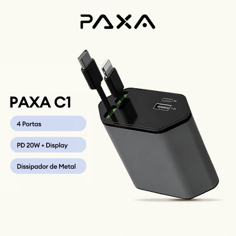 Carregador Veicular PAXA-C1 PD 20W Cabo Retrátil Type-C/Lightning 4P Display Digital c/ Metal Dissipador
