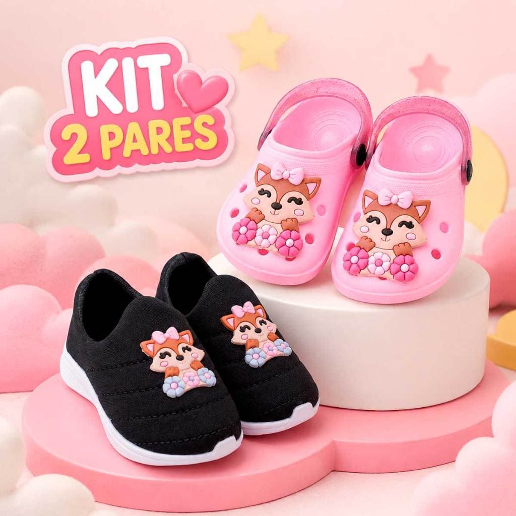 Kit Infantil Menina 2 Pares Tênis Calce Fácil Babuche Confortável  Volta as Aulas Promoção