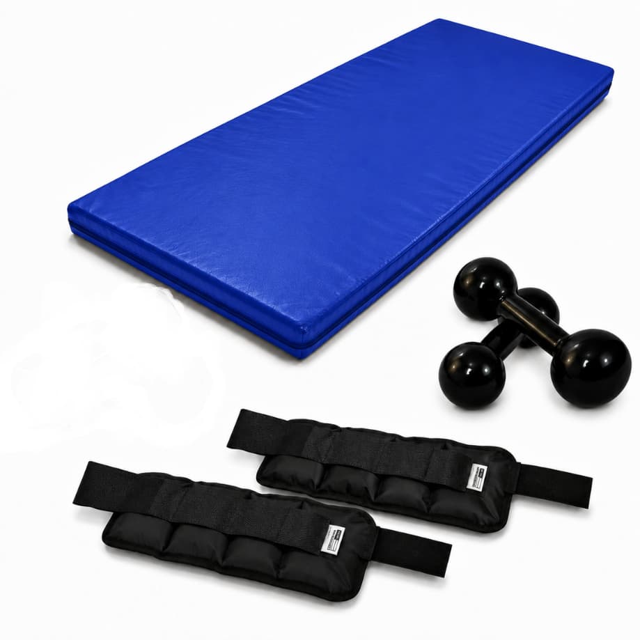 Kit Fitness Treino em Casa Colchonete Academia 90x40x3+ Par de Halteres Bola Emborrachado 3kg+ Par de Caneleira 3kg