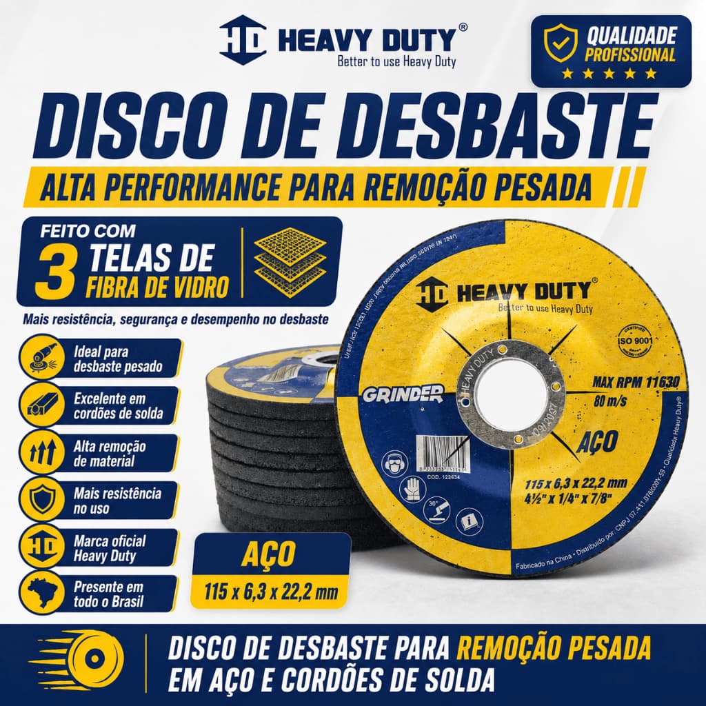 Kit 10 Discos De Desbaste Grinder Para Ferro Aço 115X6,3X22,2 - 4.1/2" polegadas - Para Esmerilhadeira - Heavy Duty