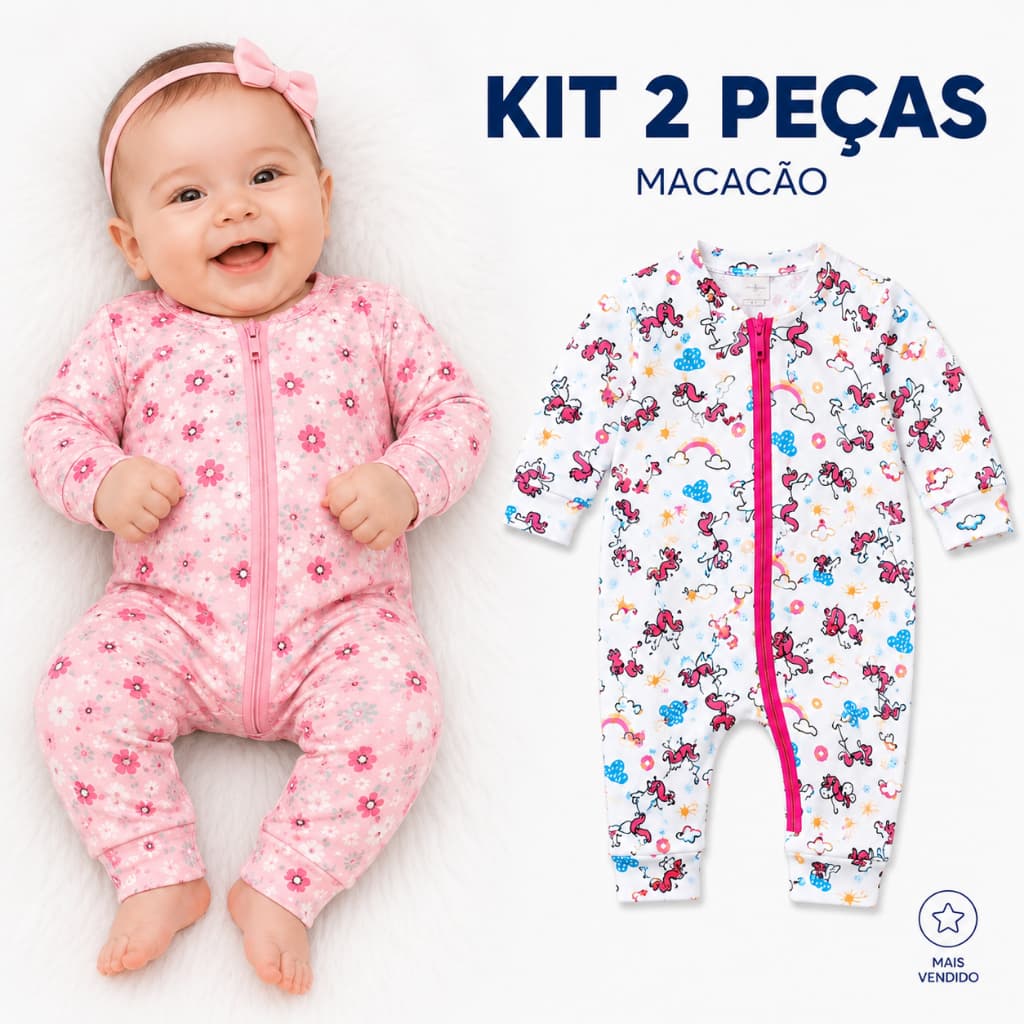 Kit 2 Macacões Bebê Menina Estampados – Conforto e Delicadeza para o Enxoval