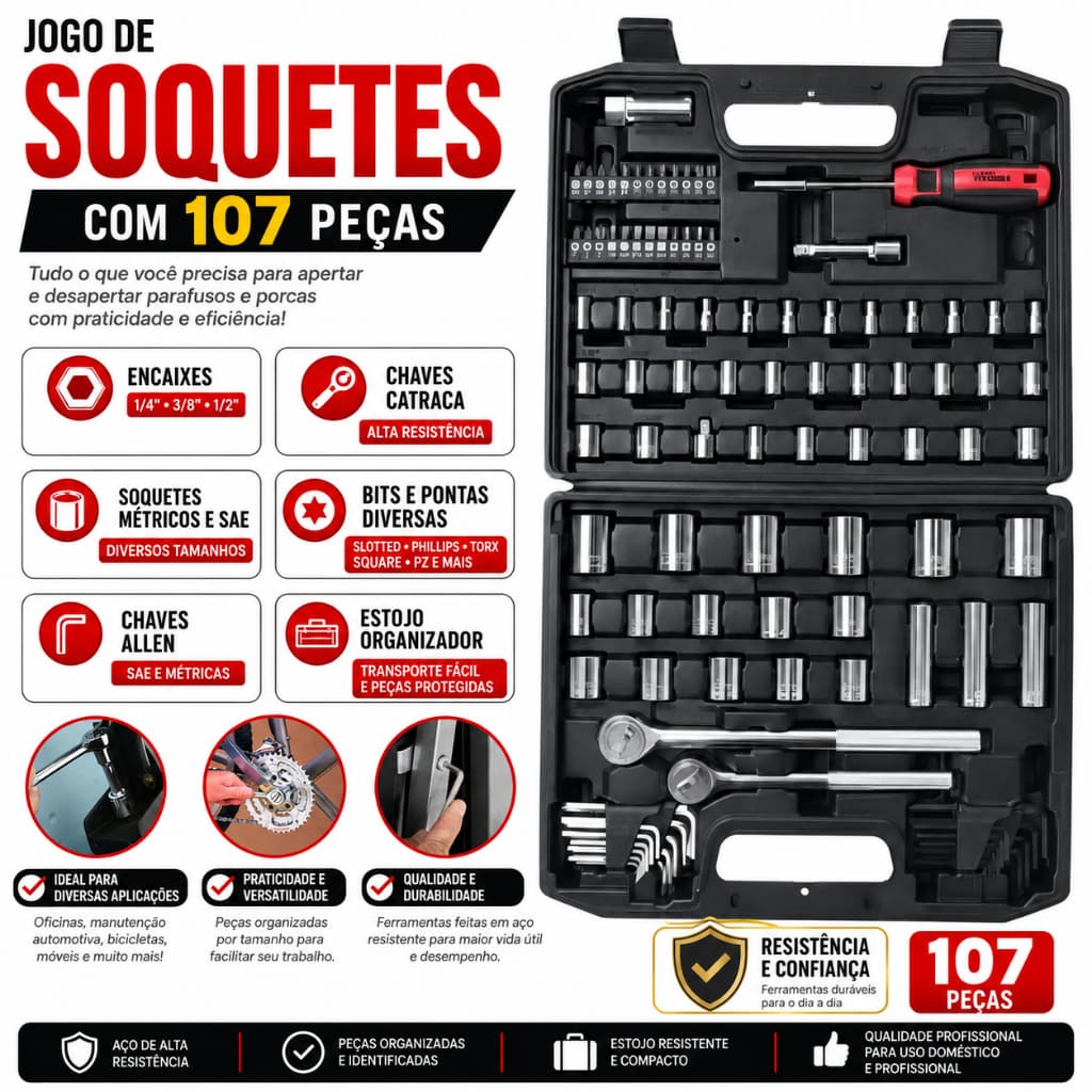 Jogo de Soquetes 107 Peças Com Chaves Catraca Extensões e Maleta Completa Profissional