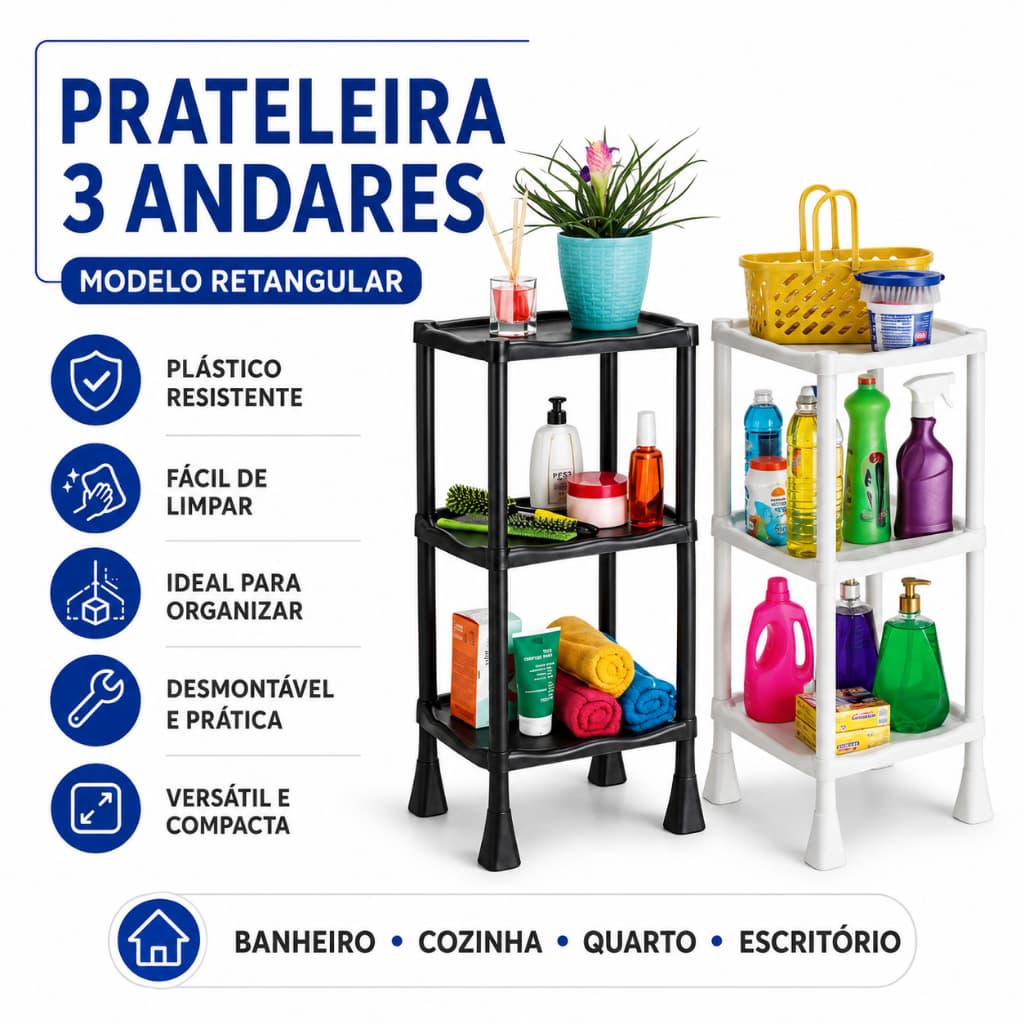 Prateleira Organizadora Retangular 3 Andares Multiuso Banheiro Cozinha Lavanderia Quarto Sala