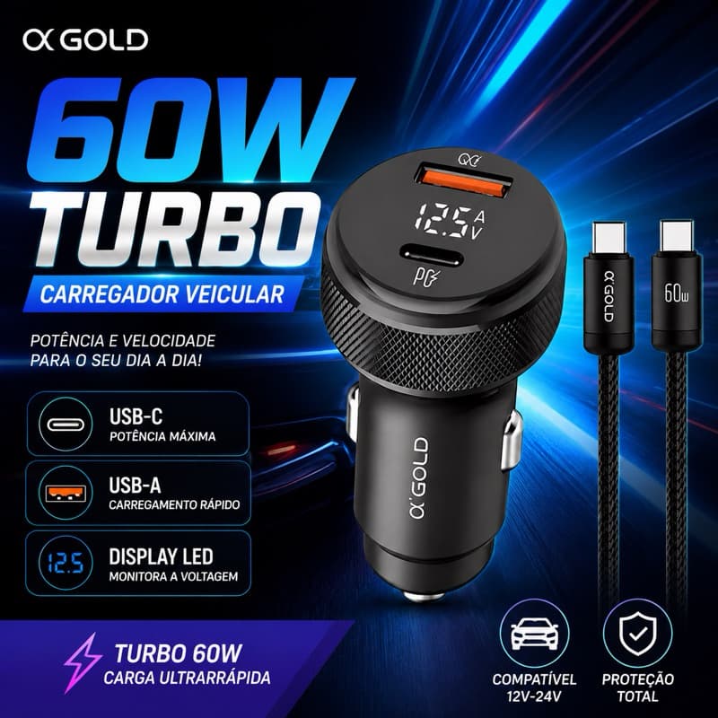 Carregador Veicular 60W Turbo USB + Tipo C com Cabo | Rápido PD QC 3.0 4.0 | Anatel Original
