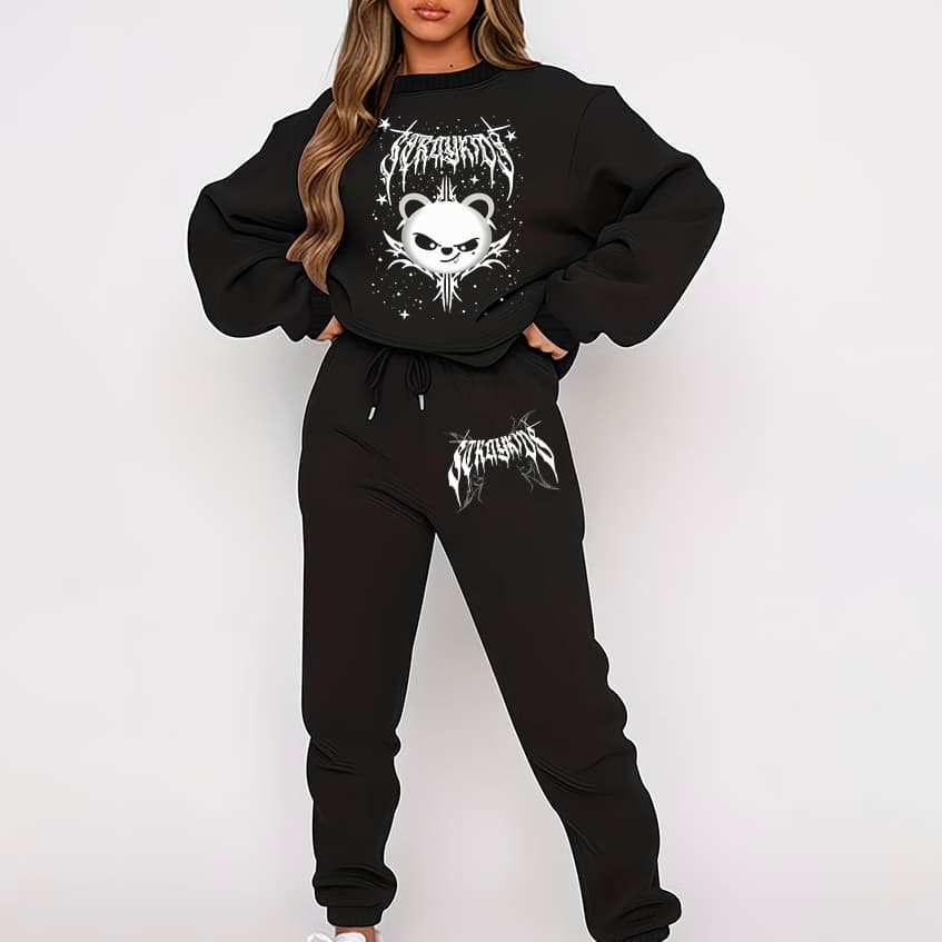 Conjunto Feminino Moletom Careca e Calça Jogger K-pop Stray Kids Skzoo Jiniret Streetwear Gotico