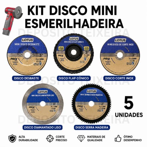 Kit Jogo Com 5 Mini Disco Esmerilhadeira 75mm 3" Completo Diversos Discos