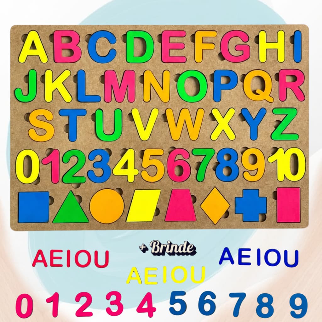 Tabuleiro Brinquedo Educativo / Pedagógico Alfabeto Letras Numerais e Formas Coloridos em madeira
