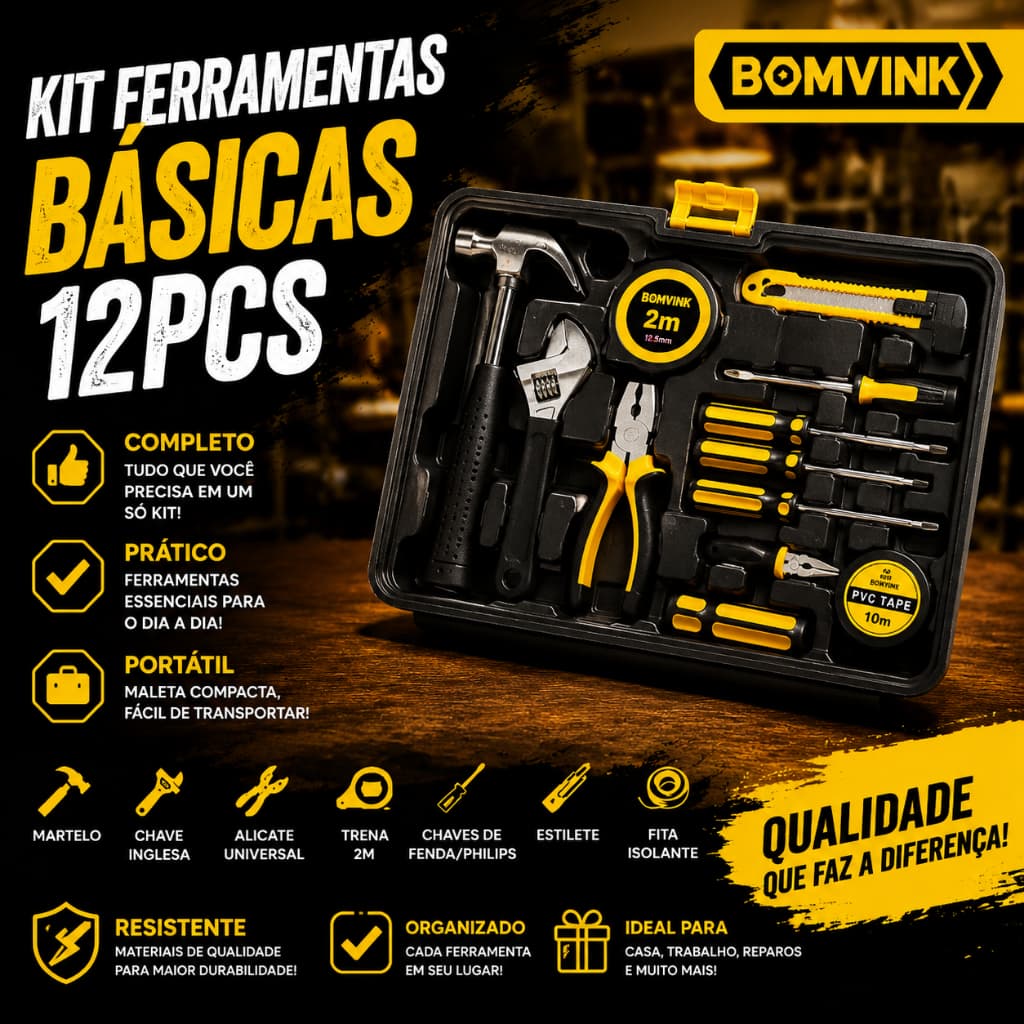 Kit Ferramentas 12 Peças Bomvink Completo com Maleta Alicate Chave Martelo Trena