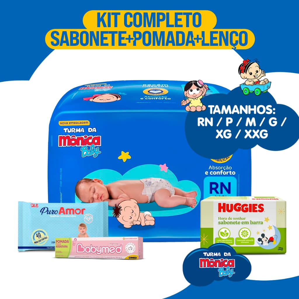 Kit Fralda Turma da Mônica + 2 Lenço Umedecido Baby + 1 Pomada Para Assadura + 2 Sabonete