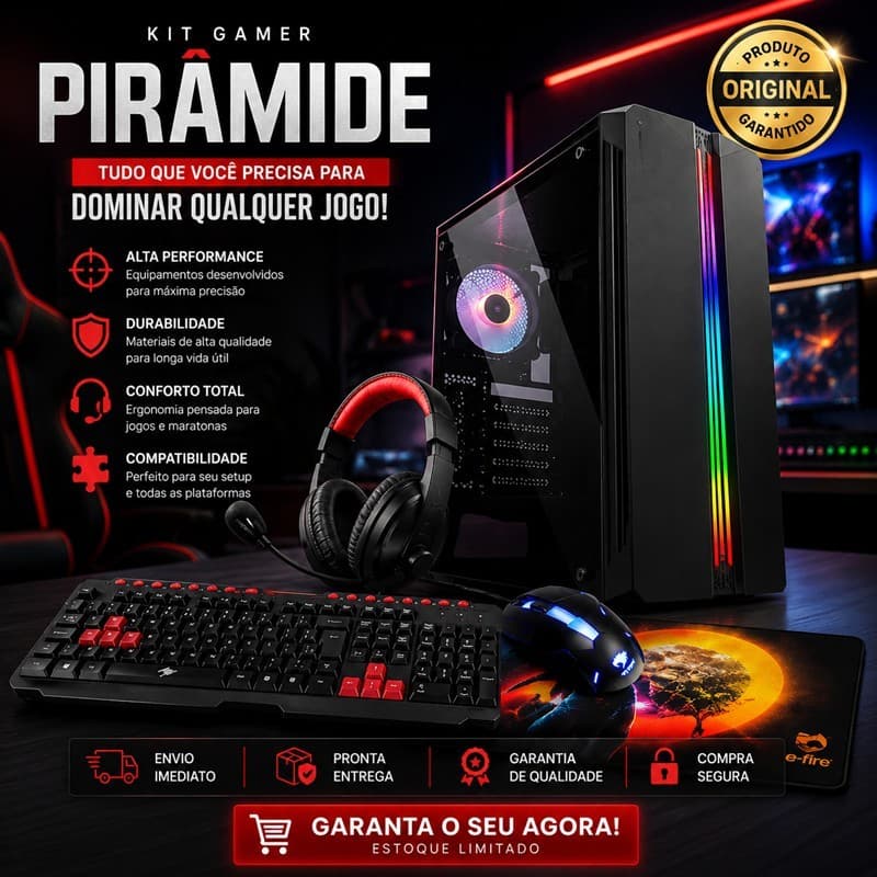 Kit Gamer Completo RGB Gabinete ATX Headset Mouse Gamer Teclado ABNT2 Mouse Pad Setup Pirâmide