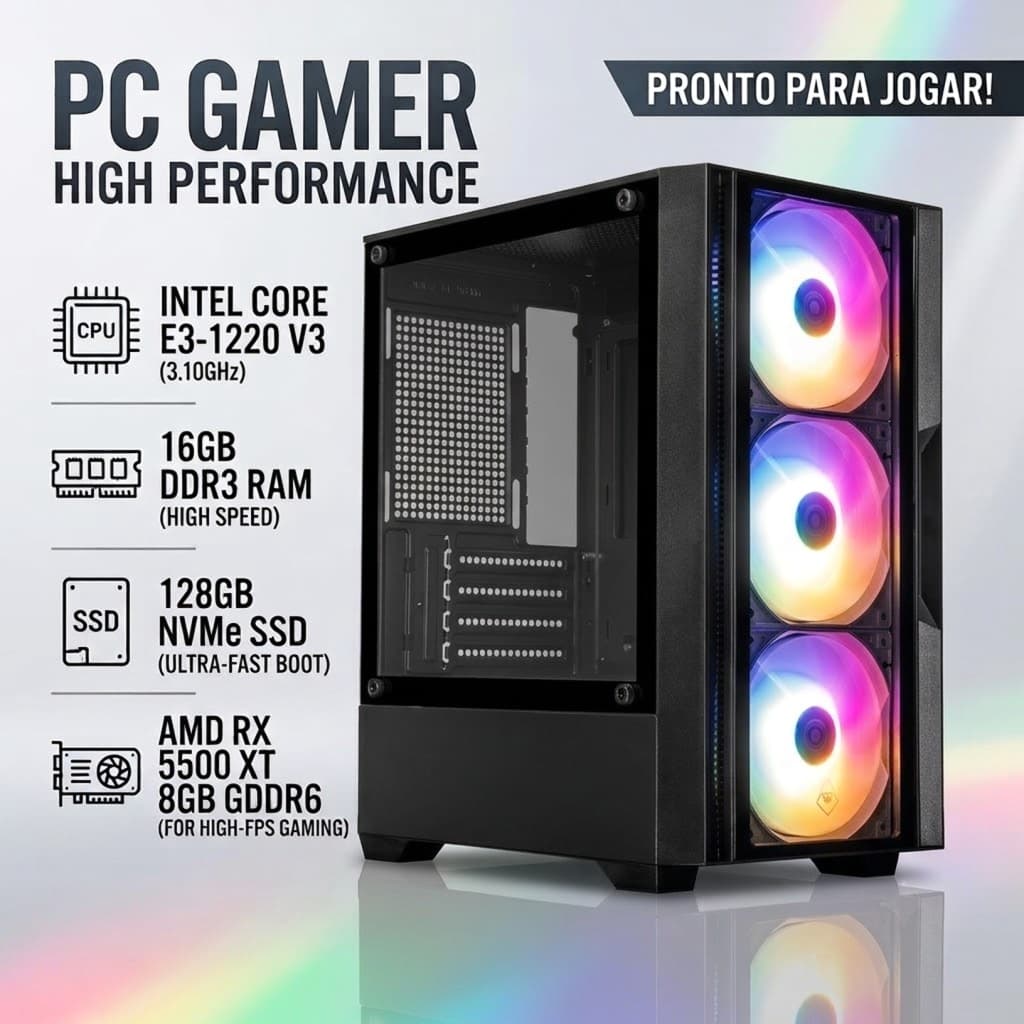 Computador CPU PC Gamer Intel 4ª Geração 16gb Ram SSD 128GB NVME RX 5500XT 8GB GTA RP Fortinite CS2