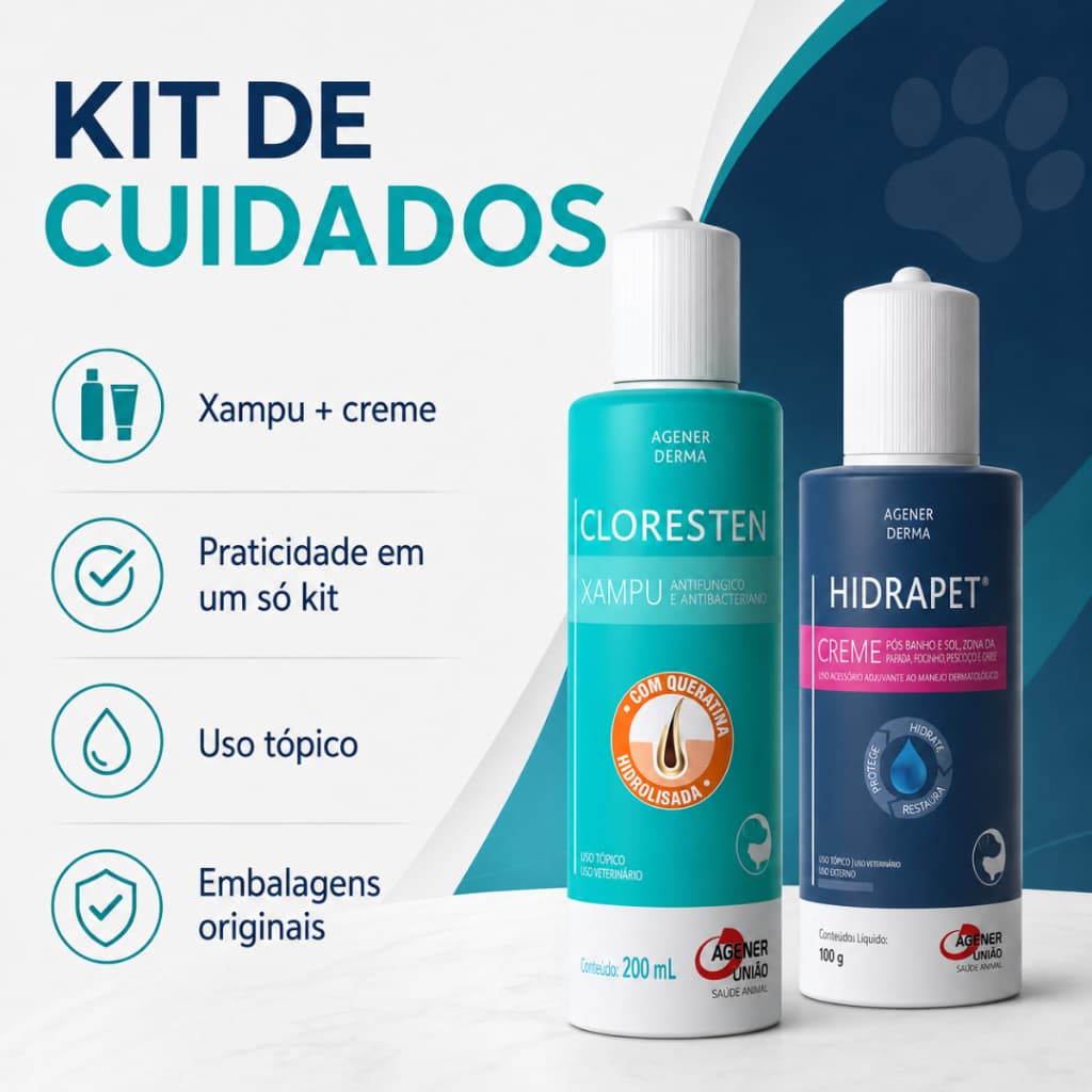 Kit Cloresten Shampoo 200ml + Hidrapet Creme Hidratante Pós-Banho 100g Cães e Gatos