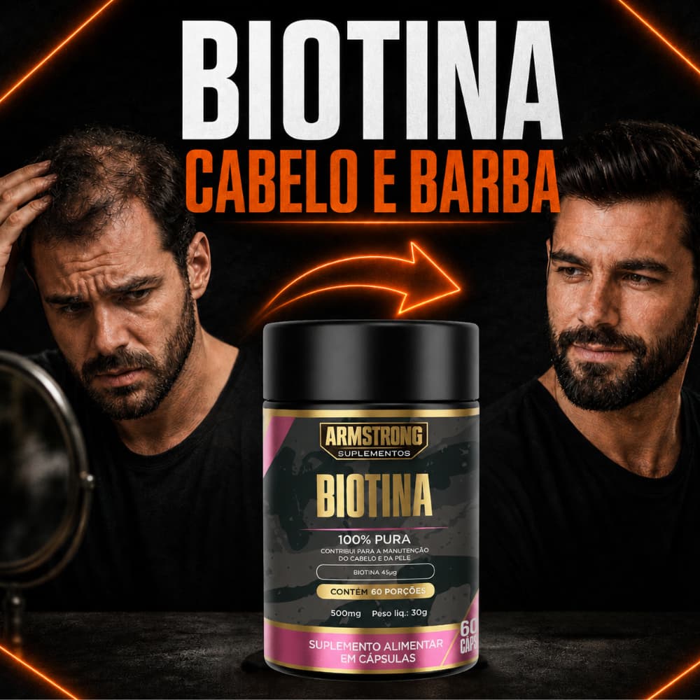 Biotina 100% Pura 60 Cáps para Homens Cabelo Barba e Pele Vitamina B7 Armstrong Suplementos