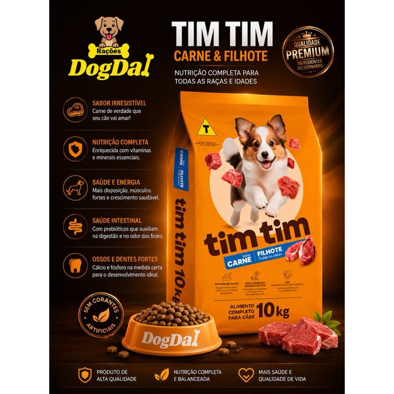Ração Tim Tim Filhote Carne 10kg – Alimento Completo Premium para Cães Filhotes de Todos os Portes Pelagem Saudáveis