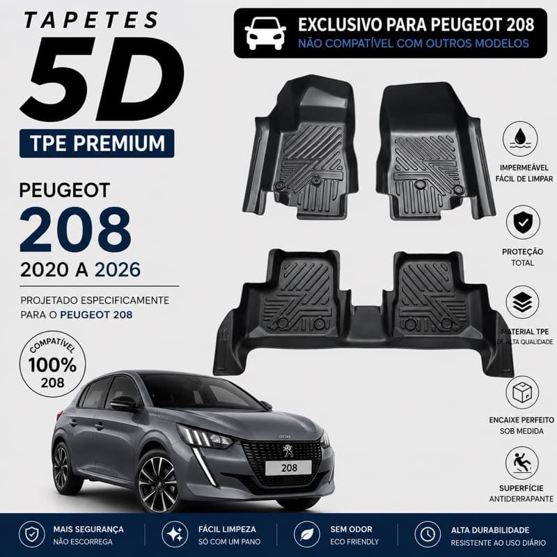 Tapete 5D TPE Sob Medida Peugeot 208 2020-2026