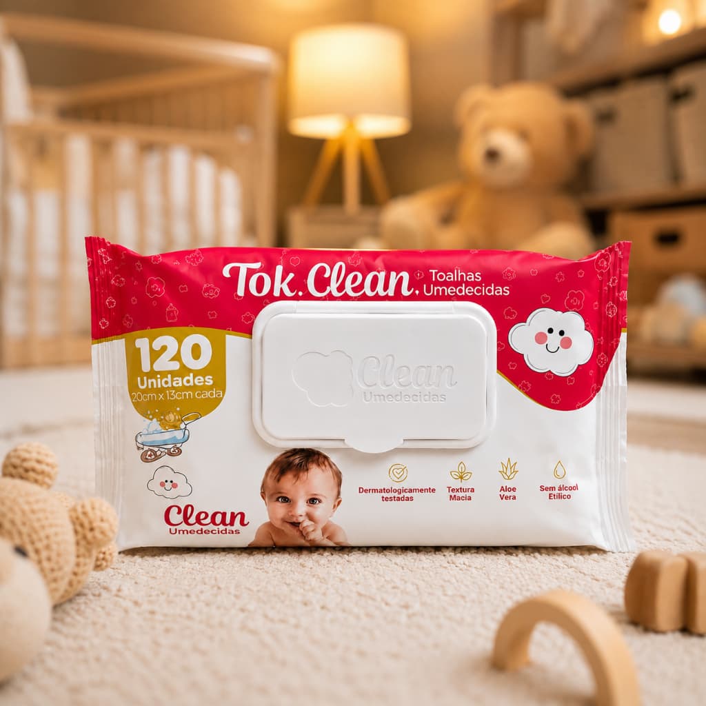 Lenços Umedecidos Tok Clean 120 Un Toalhas Umedecidas Bebê Aloe Vera Sem Álcool Hipoalergênico