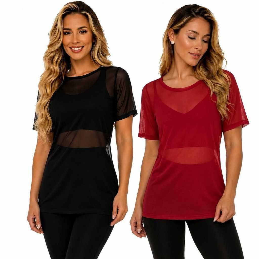 Kit 2 Blusas Academia Tule Transparente Roupa Fitness Feminina Leve Confortável Camiseta Treino Manga Curta