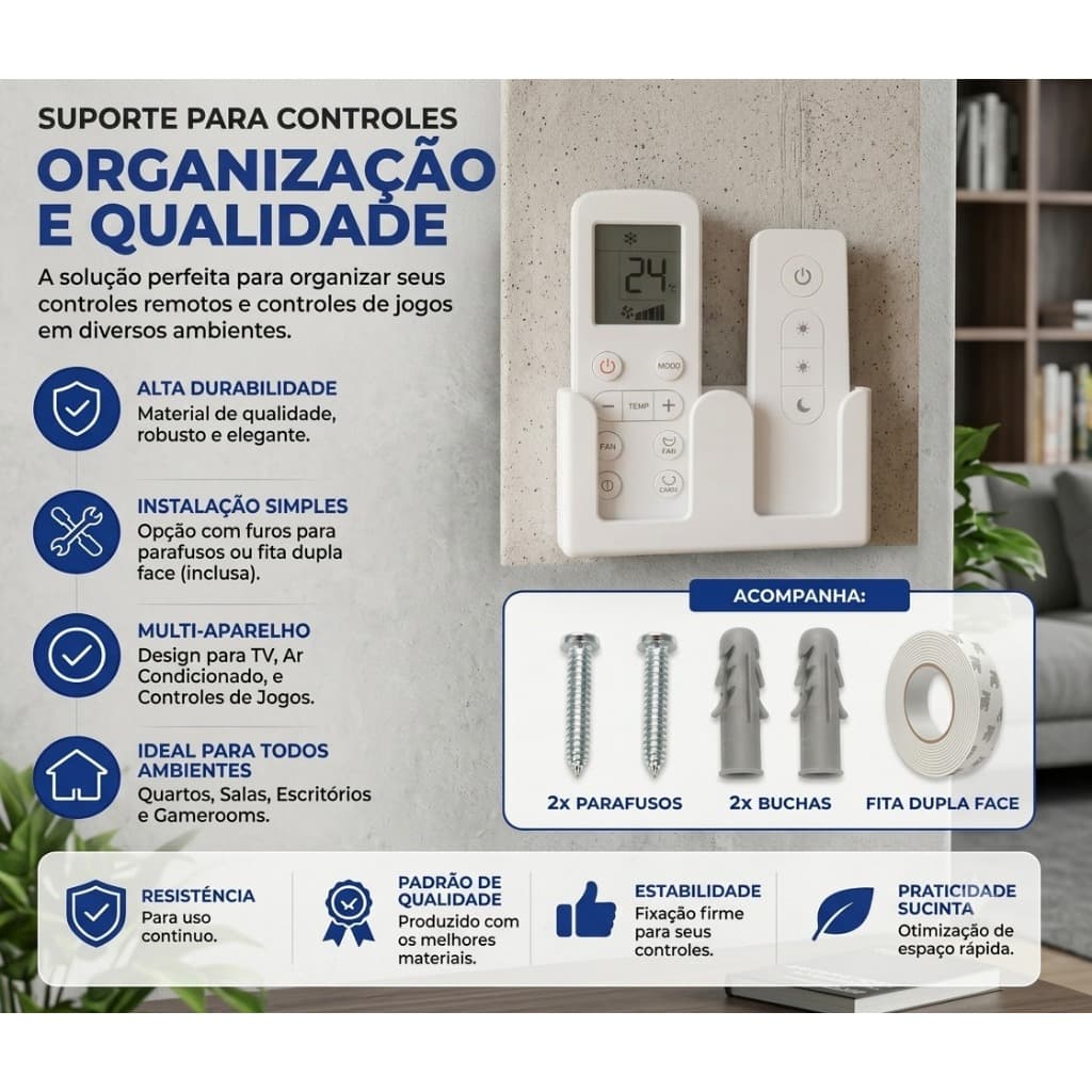 Suporte para Controle Remoto Duplo de Parede - Organizador Universal para Ar Condicionado, TV e Controles de Videogame -