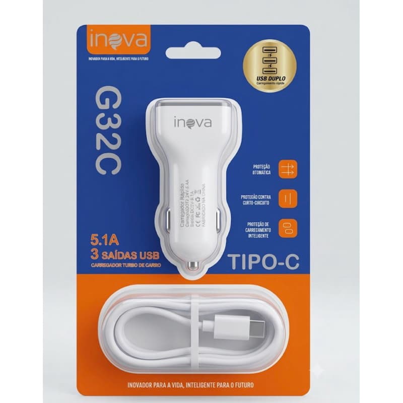 Carregador Veicular USB 3 entradas Com Cabo Tipo C Incluso Ultra Rápido Turbo Inova