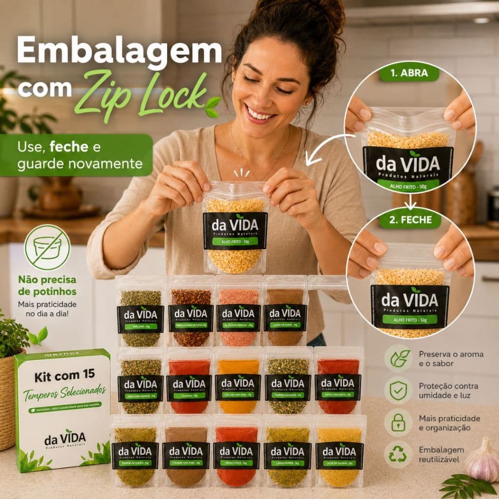 Kit Essencial de Temperos e Condimentos Naturais – 15 Sabores Indispensáveis para sua Cozinha Zip Lock