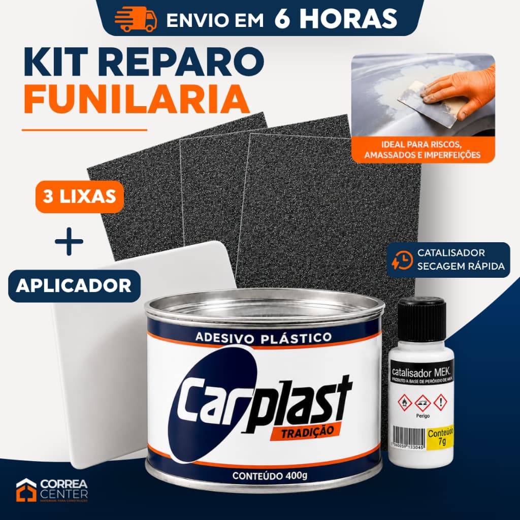 Kit Massa Plastica 400g Reparo Automotivo Funilaria Completo Espatula Lixas Ferro Lata Amassado Furo