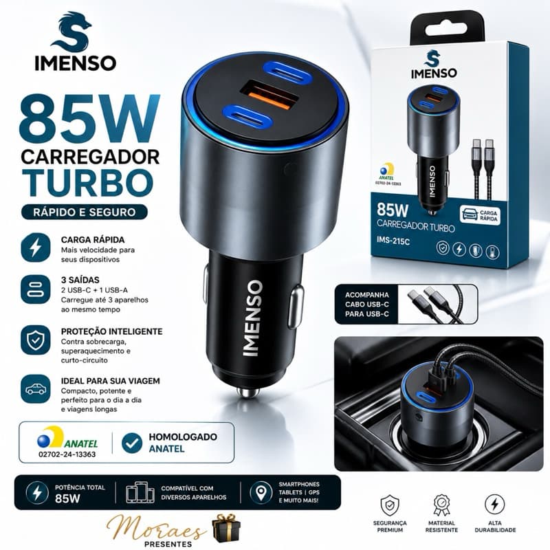 Carregador Veicular IMENSO 85W Original, 2 USB-C + USB-A, acompanha cabo USB-C, Homologado Anatel.