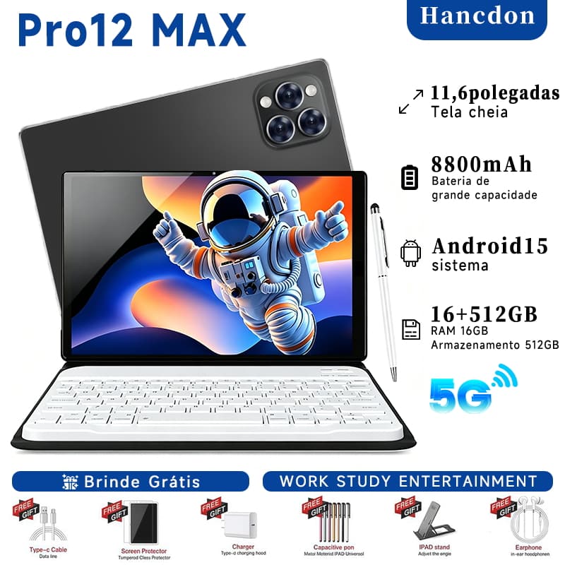 Galaxy Tablet Pro12 MAX 5G Android 15 | 11.6" Tela Cheia 4K Ultra-Júnior |  | 12GB RAM + 512GB ROM |Perfeito para Estudo