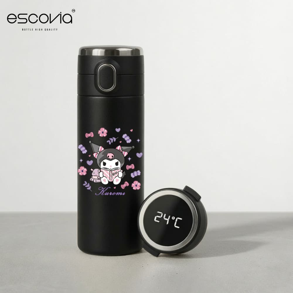 Garrafa Térmica Sanrio Kuromi Amor Aço Inoxidavel Parede Dupla 420ml com Termômetro Digital