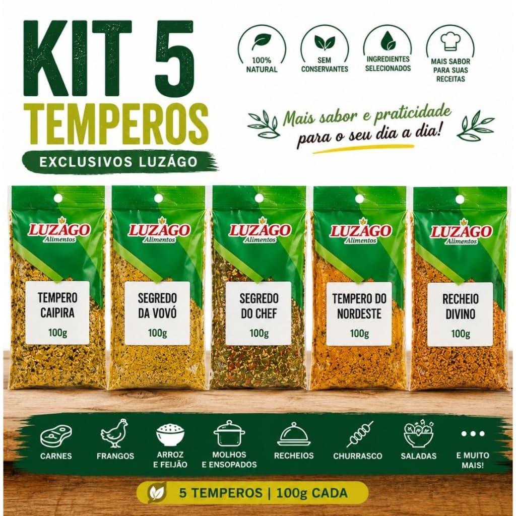 KIT 5 TEMPEROS EXCLUSIVOS DA LUZAGO ALIMENTOS - TEMPERO PRÁTICO, SABOROSO E NATURAL. SAUDÁVEL.
