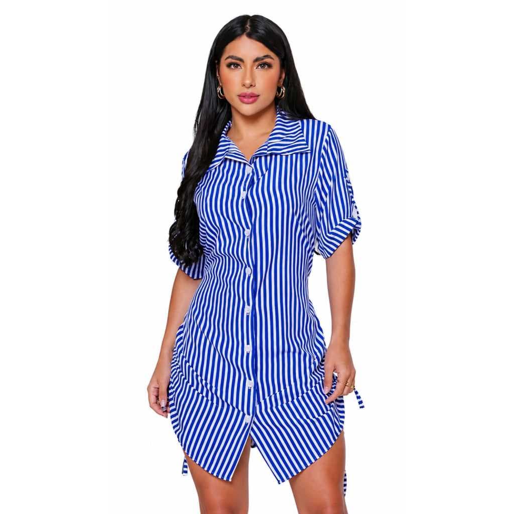 Vestido Feminino Chemise Feminino Social Listrado Curto Manga Curta com Botões e Ajuste na Cintura