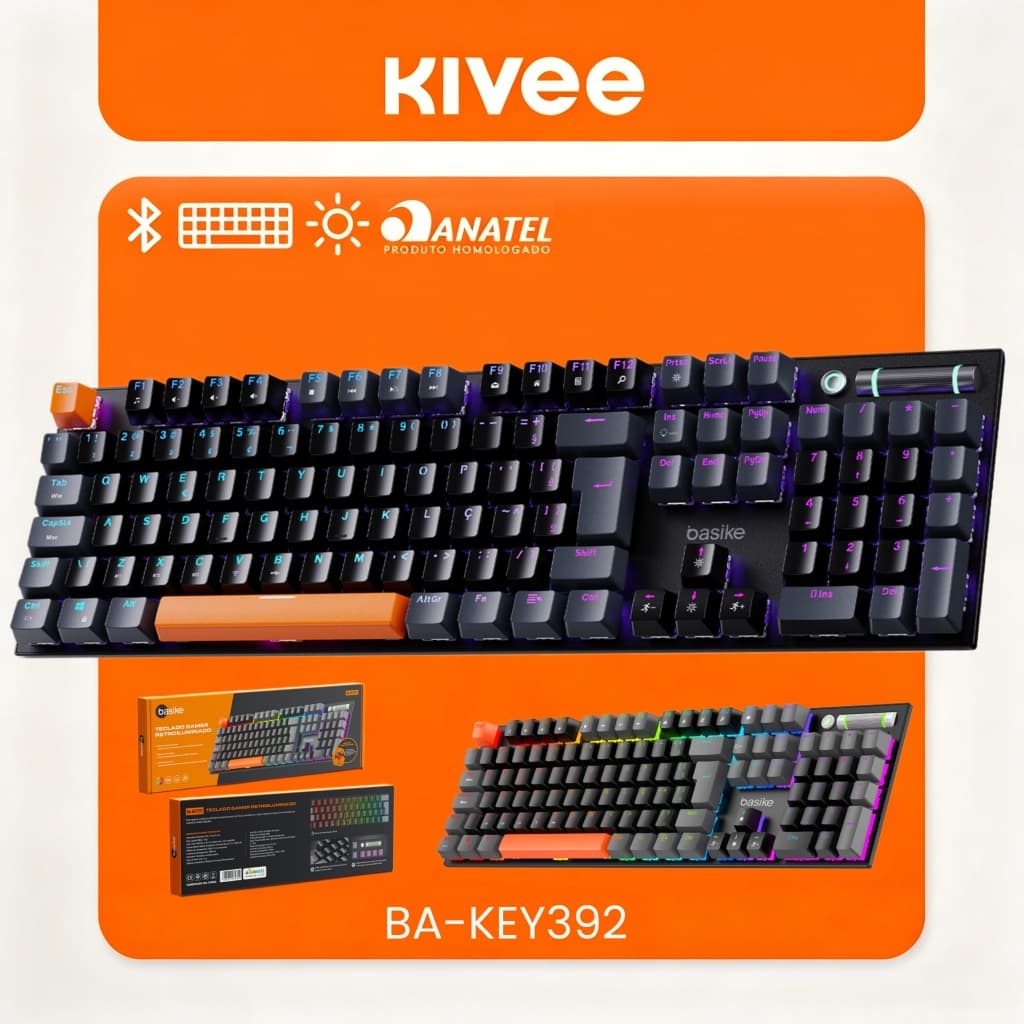 KIVEE Teclado Gamer Mecânico KEY392 ABNT2 Vermelho Switch Alumínio Eletroforese Premium Multiplataforma