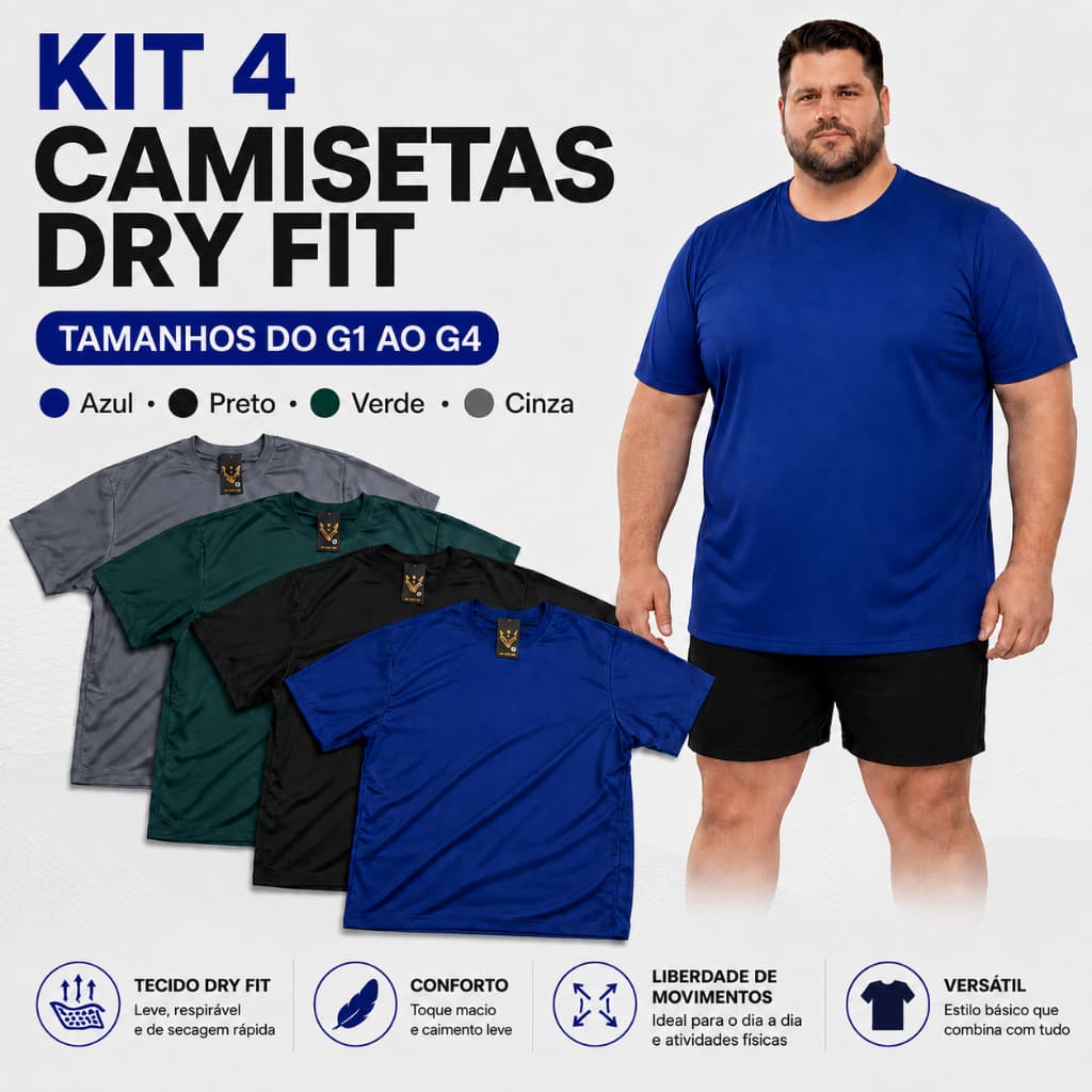 Kit 4 Camisetas Dry Fit Plus Size G1 ao G4 Treino Musculação Corrida