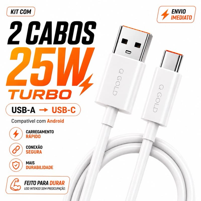 KIT 2 Cabos USB-C Tipo C Carregamento Rápido Turbo Android Smartphones Tablets 1m AGOLD TURBO 25W