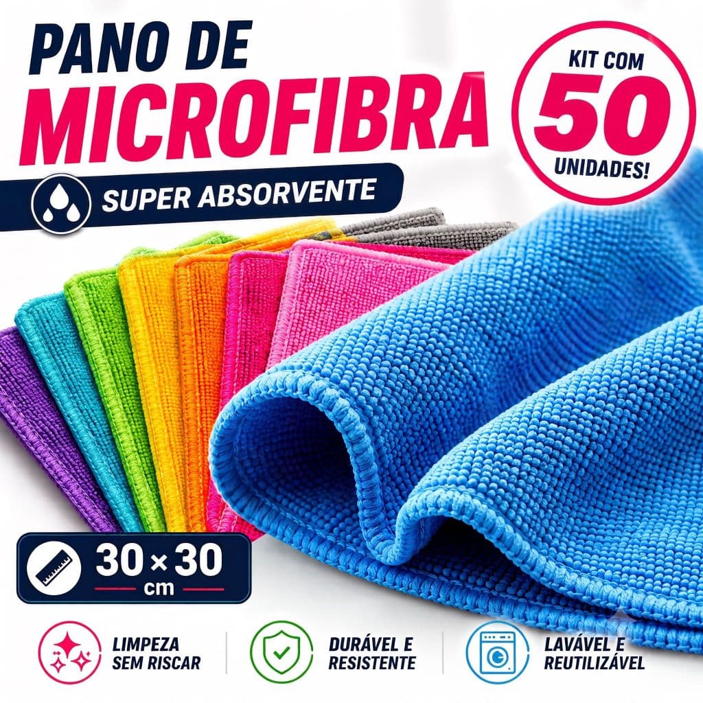 Kit 50 Panos de Microfibra 30x30 Multiuso Alta Absorção Limpeza Casa Carro