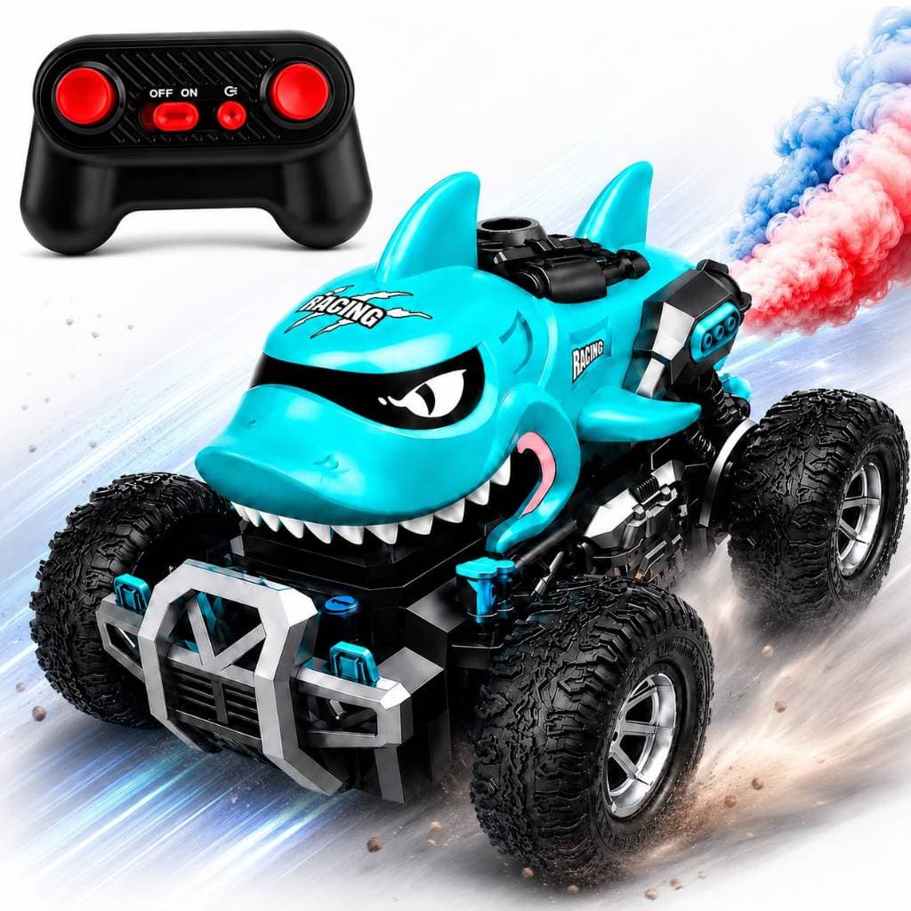 Carrinho Tubarão Controle Remoto Off-Road 2.4GHz com Fumaça Recarregável 25km/h Escala 1:16