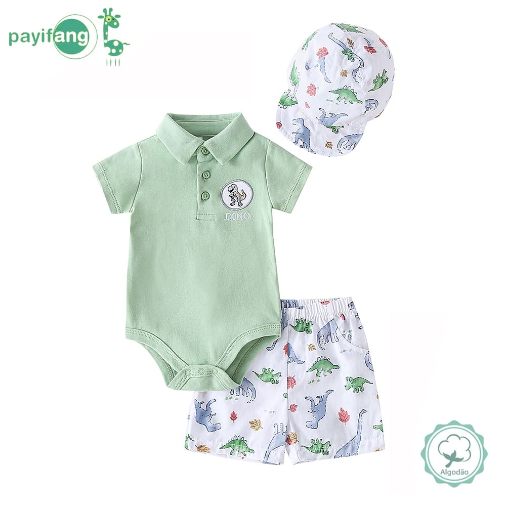 Kit 3 Peças Roupa Bebê Menina/Menino 100% Algodão Body Polo Dinossauro + Shorts + Boné Conjunto Verão TM-3121