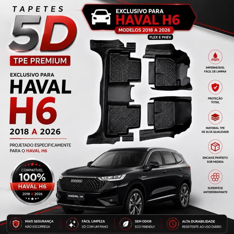 Tapete Bandeja Automotivo TPE 5D Sob Medida HAVAL H6– Resistente, Lavável e Antiderrapante
