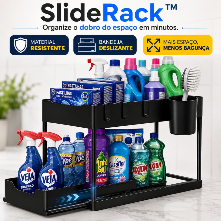 Organizador Multiuso 2 Andares SlideRack™ com Bandeja Corrediça para Cozinha Banheiro Lavanderia Preto