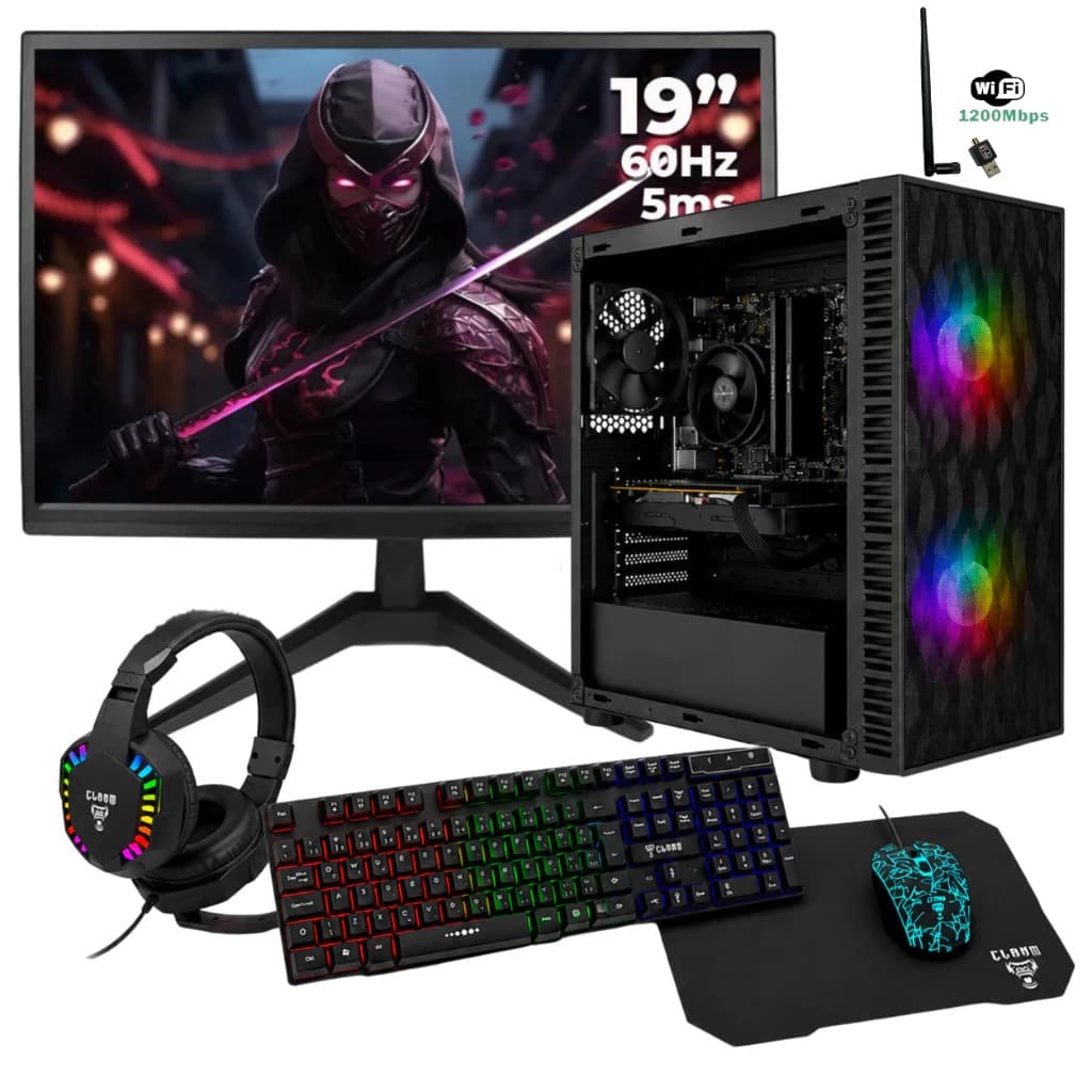 PC Gamer Completo Silas Intel Core i5, RX 580 8GB, SSD 240GB, 16GB RAM Monitor 19 + Kit Teclado Mouse Headset + Wifi