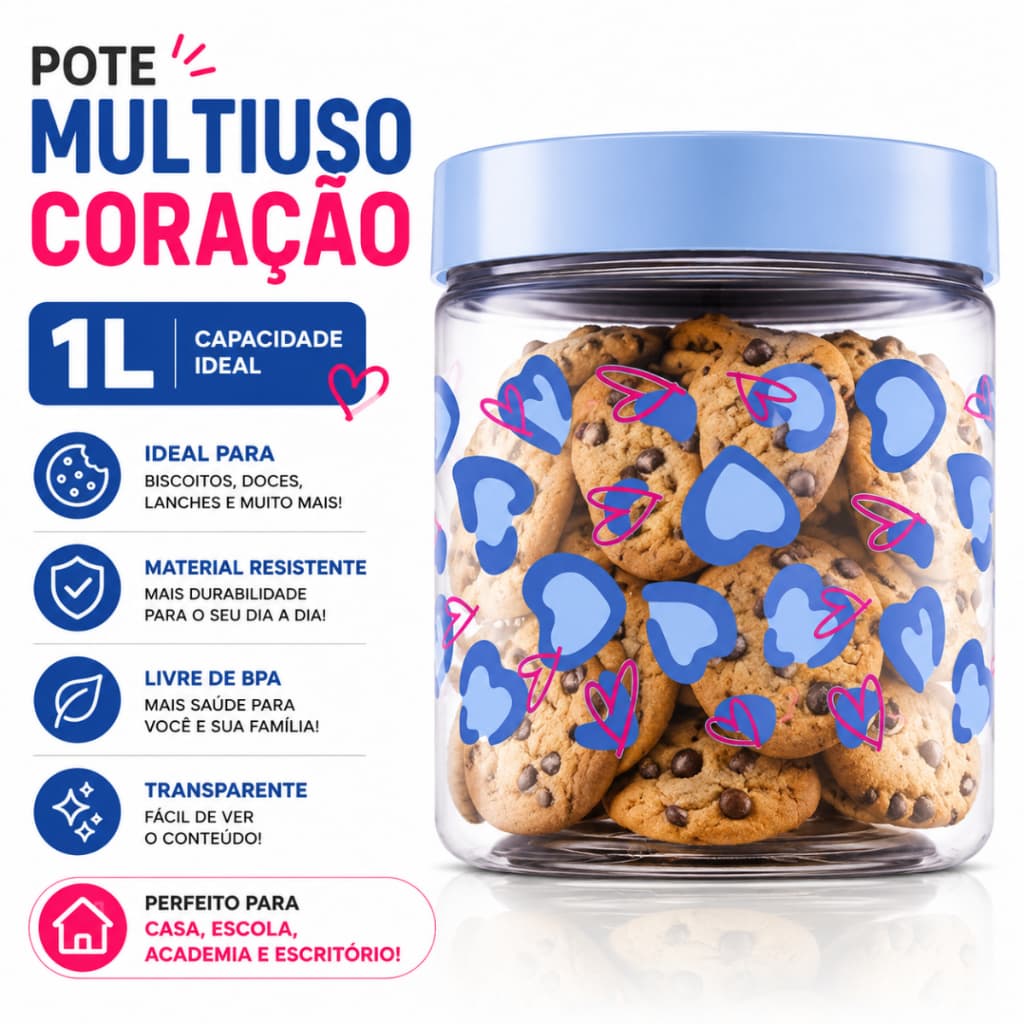 Pote Multiuso 1L Porta Mantimentos Com Tampa Coração Para Biscoitos Bolachas Organizador Cozinha