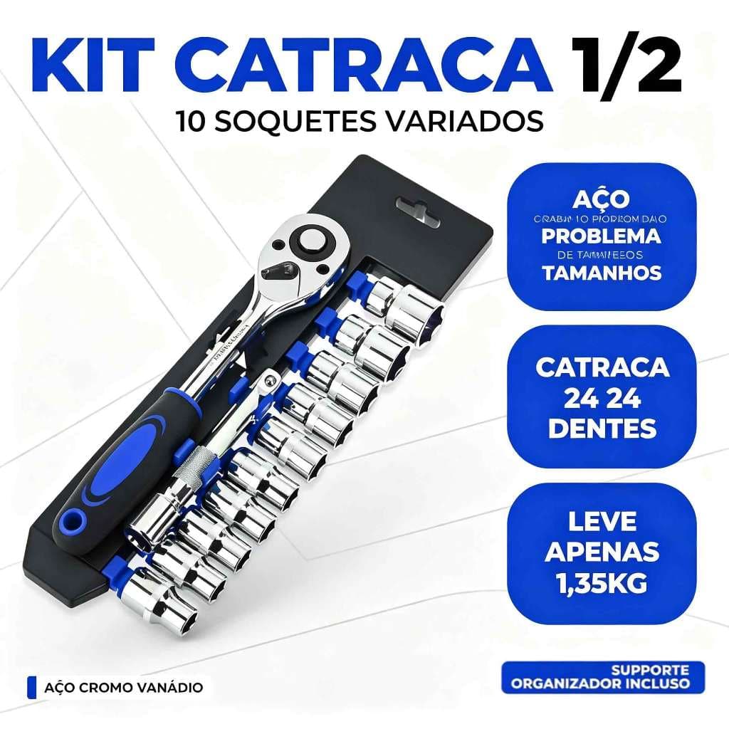 Chave Catraca 1/2 com Jogo de Soquetes Sextavados 12 Peças e Extensão - Profissional