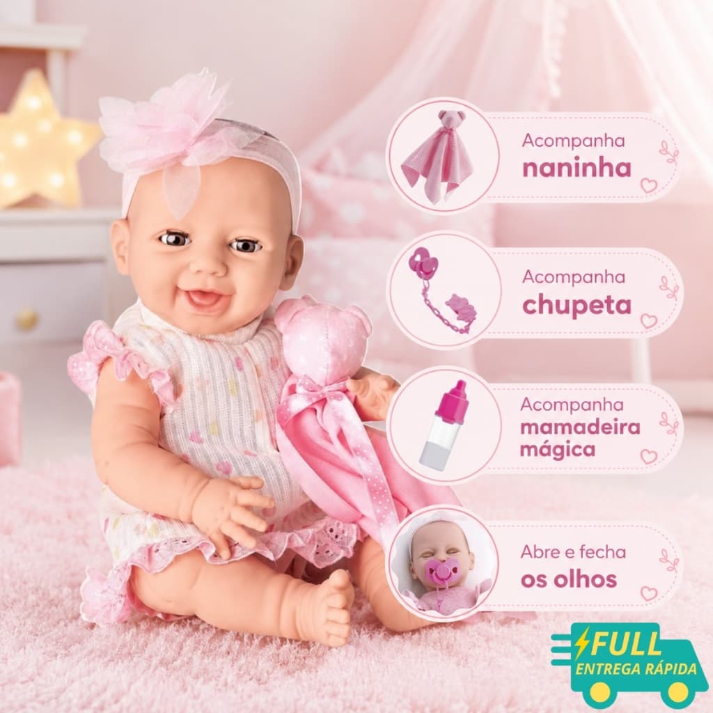 Boneca Bebê New Born Dengo com Acessórios Chupeta Mamadeira Abre e Fecha os Olhos Realista