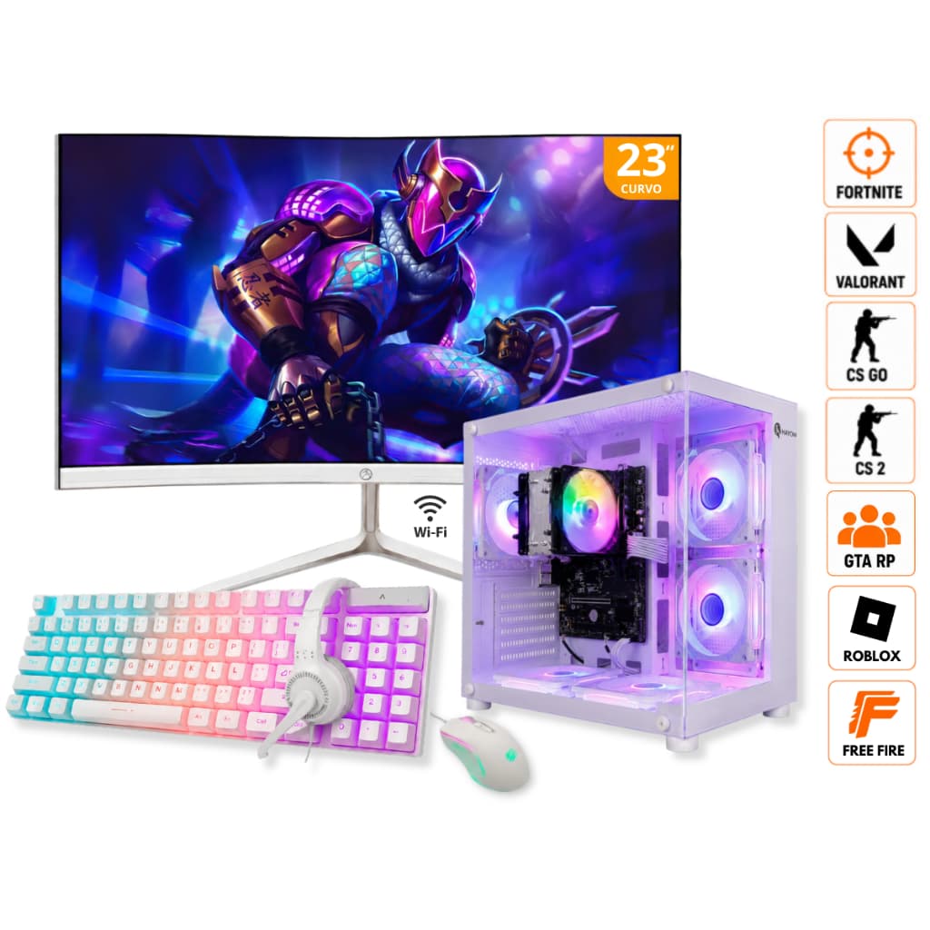 Computador PC Gamer GTA RP I5 3.ª 16GB RAM SSD 480GB Placa de Vídeo RX580 8GB Monitor Led 23" Curvo Branco Bivolt