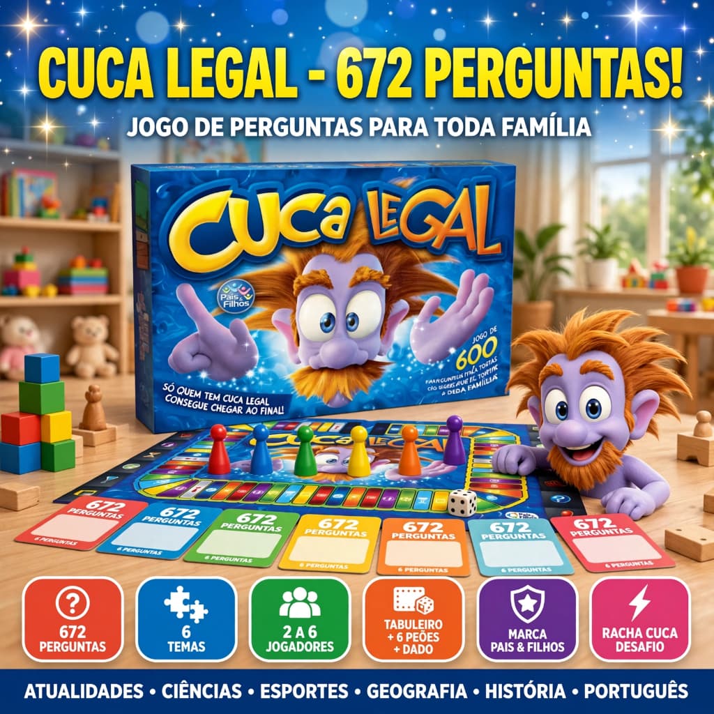 Jogo Cuca Legal 672 Perguntas com Tabuleiro 6 Peões e Dado para Família